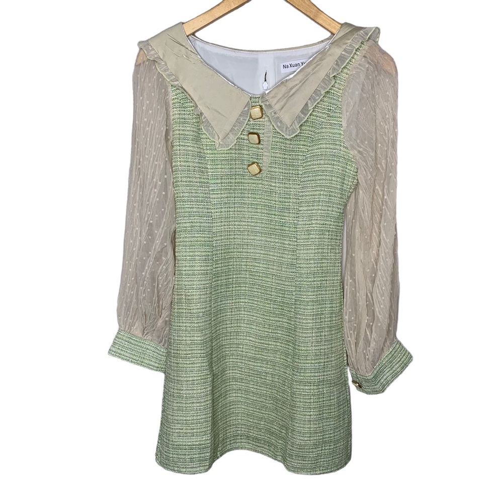 Green Tweed Mini Dress with Sheer Cream Sleeves